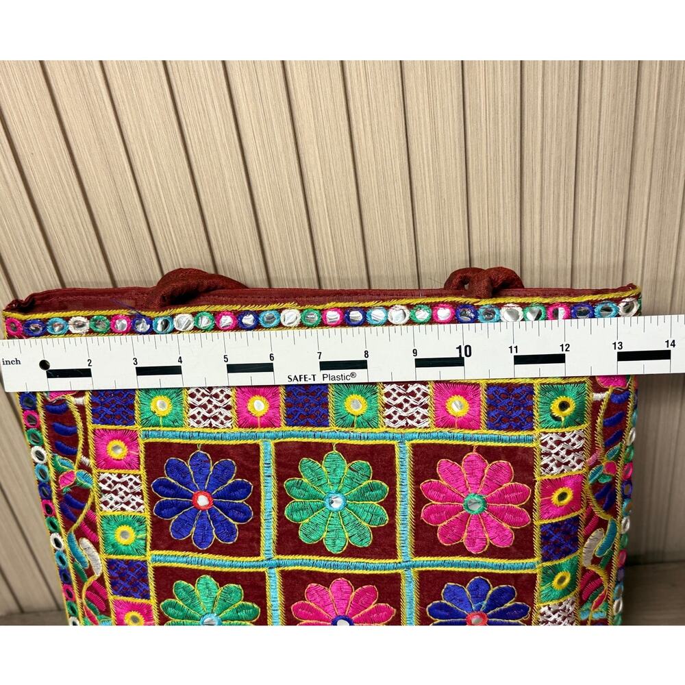 Embroidered Floral Tote Bag Red Beaded Handle Boho Shoulder Bag - Picture 3 of 10